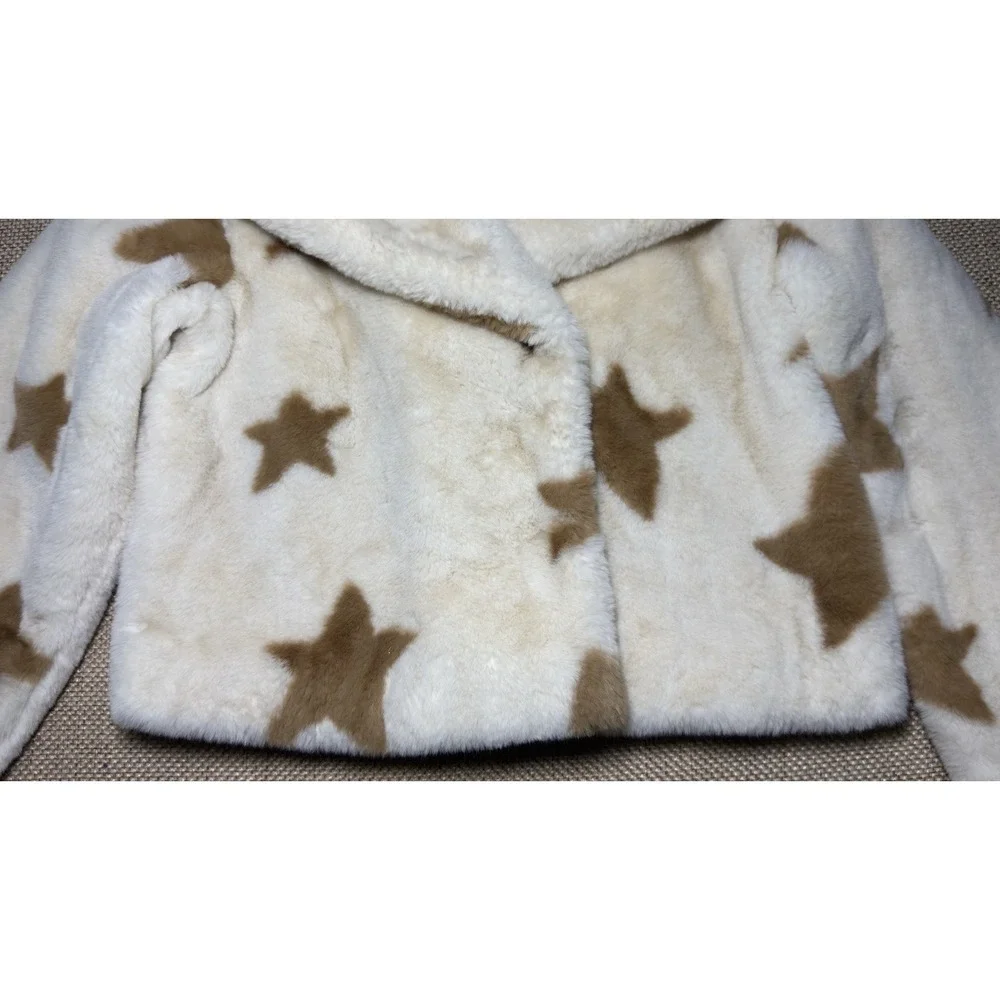 William B. Star Faux Fur‎ Jacket Small Cropped Cozy Teddy Beige Stars